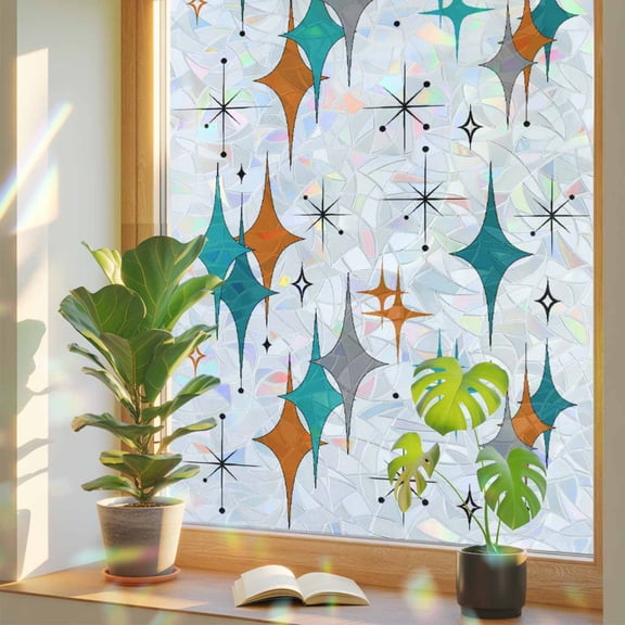 Window Privacy Film Mid Century Geometric Stained Glass Window Film Modern Teal Turquoise Rainbow Static Window Clings for Glass Windows Home Bathroom Living Room Office Door Sticker 17.7"39.3"