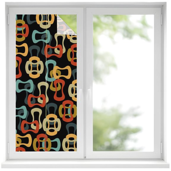 Window Privacy Film Middle Century Stained Glass Window Film Decorative Sun Block Window Cover Abstract Geometric Colorful Rings Black Window Clings Static Adhesive Sticker for Bathroom 19.6"x39.3"