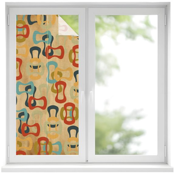 Window Privacy Film Middle Century Stained Glass Window Film Decorative Sun Block Window Cover Abstract Geometric Colorful Rings Brown Window Clings Static Adhesive Sticker for Bathroom 19.6"x39.3"