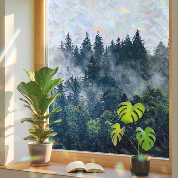 Window Privacy Film Misty Forest Stained Glass Window Film Green Trees Mountain Landscape Rainbow Static Window Clings for Glass Windows Home Bathroom Living Room Office Glass Door Sticker 23.6"x59"