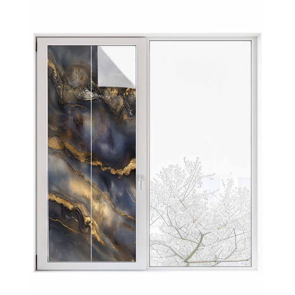 Window Privacy Film Modern Abstract Stained Glass Window Film Decorative Sun Block Window Cover Luxury Black Golden Marble Texture Window Clings Static Adhesive Sticker for Bathroom 23.6"x59"