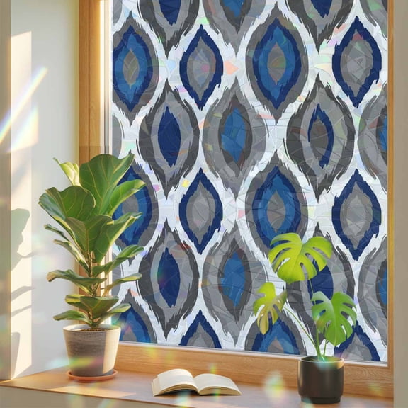 Window Privacy Film Modern Diamond Pattern Stained Glass Window Film Blue Geometric Lines Rainbow Static Window Clings for Glass Windows Home Bathroom Living Room Office Door Sticker 17.7"39.3"