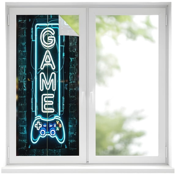 Window Privacy Film Modern Game Neon Stained Glass Window Film Decorative Sun Block Window Cover Game Zone Geometric Rustic Brick Window Clings Static Adhesive Sticker for Bathroom 19.6"x39.3"