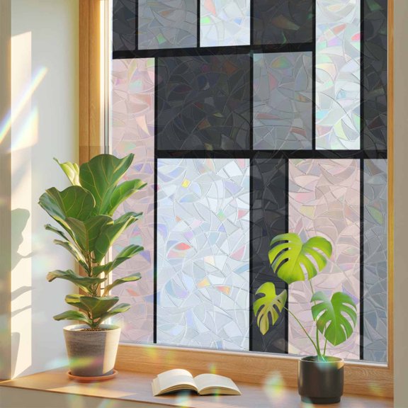 Window Privacy Film Modern Geometric Splicing Stained Glass Window Film Abstract Pink Blocks Rainbow Static Window Clings for Glass Windows Home Bathroom Living Room Office Door Sticker 17.7"39.3"