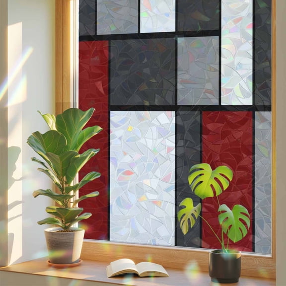 Window Privacy Film Modern Geometric Splicing Stained Glass Window Film Abstract Red Blocks Rainbow Static Window Clings for Glass Windows Home Bathroom Living Room Office Door Sticker 17.7"39.3"
