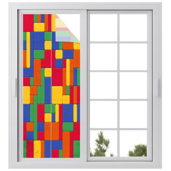 Window Privacy Film Modern Geometric Stained Glass Window Film Decorative Sun Block Window Cover Abstract Colorful Blocks Artwork Window Clings Static Adhesive Sticker for Bathroom 23.6"x59"