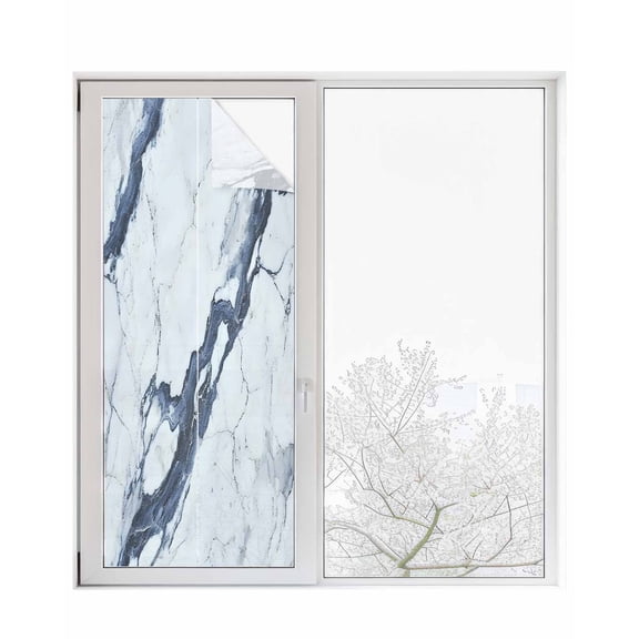 Window Privacy Film Modern Gray White Stained Glass Window Film Decorative Sun Block Window Cover Abstract Geometric Marble Patterns Window Clings Static Adhesive Sticker for Bathroom 23.6"x59"