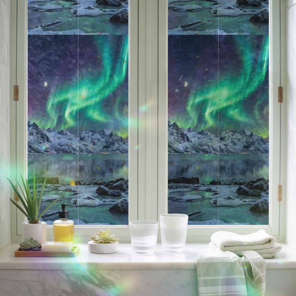 Window Privacy Film,Modern Snow Mountains Lake Scenery Static Clings Decorative Rainbow Window Films Stickers Colorful Night Sky Sun Blocking Glass Cover for Home Bathroom Office,17.7"x39.3"