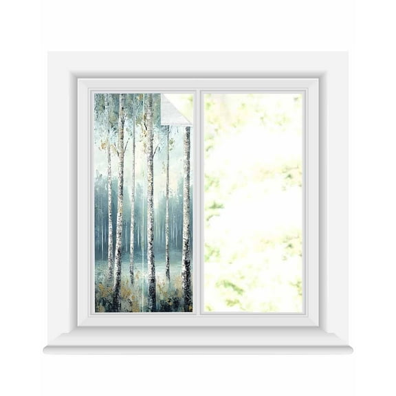 Window Privacy Film Modernism Tree Stained Glass Window Film Decorative Sun Block Window Cover Spring Forest Scene Oil Painted Window Clings Static Adhesive Sticker for Bathroom 19.6"x39.3"