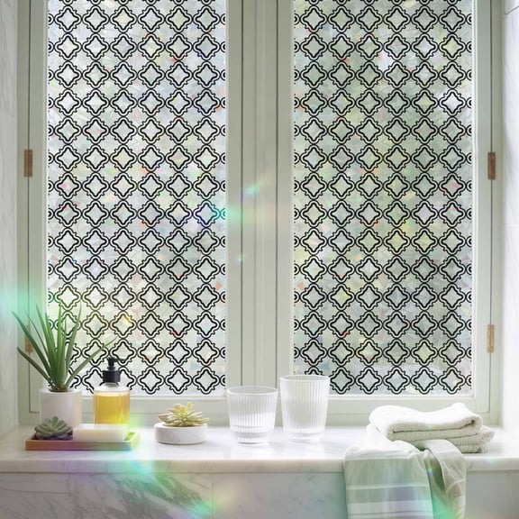 Window Privacy Film,Moroccan Black White Classic Lattice Static Clings Decorative Rainbow Window Films Stickers Abstract Plaid Texture Sun Blocking Glass Cover for Home Bathroom Office,17.7"x39.3"