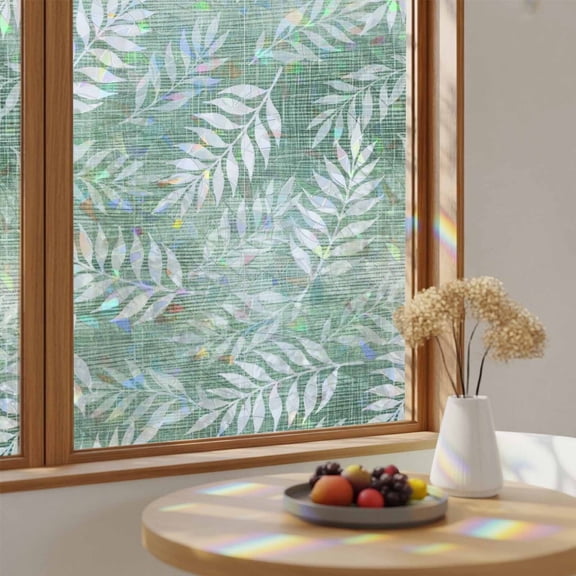 Window Privacy Film, Mossy Fronds Stained Glass Rainbow Film Sage Green Leaf Plant Canvas Weave Texture Decorative Window Clings, Static Cling Sun Blocking Stickers For Bathroom Bedroom 17.7"x39.3"