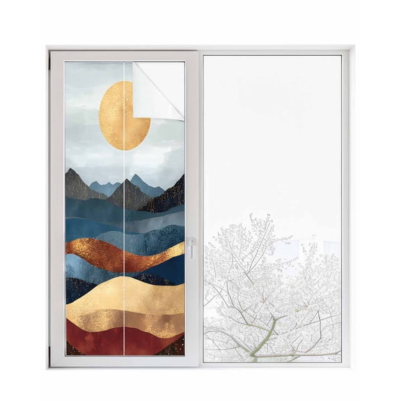 Window Privacy Film Mountain Moon Stained Glass Window Film Decorative Sun Block Window Cover Abstract Art Scenery Modern Window Clings Static Adhesive Sticker for Bathroom 29.5"x78.7"