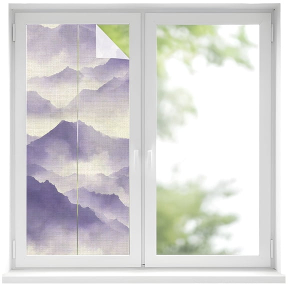 Window Privacy Film Mountain Peak Stained Glass Window Film Decorative Window Cover Purple Beige Mist Zen Modern Nature Fantasy Window Clings Static Adhesive Sticker for Bathroom 19.6"x39.3"