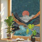 Window Privacy Film Mountain Peaks Abstract Geometric Stained Glass Static Cling 18x39inch, Vintage Boho Art Rainbow Window Film Glass Sticker for Bathroom Bedroom Home