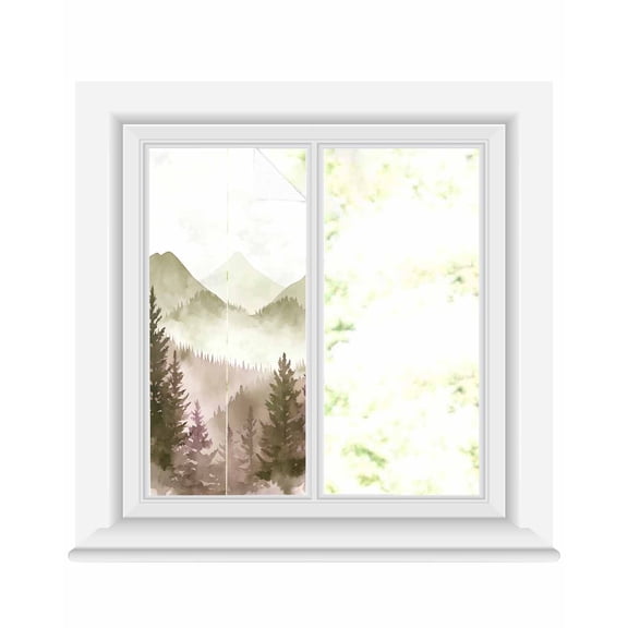 Window Privacy Film Mountains Forest Stained Glass Window Film Decorative Sun Block Window Cover Watercolor Rustic Nature Landscape Window Clings Static Adhesive Sticker for Bathroom 19.6"x39.3"