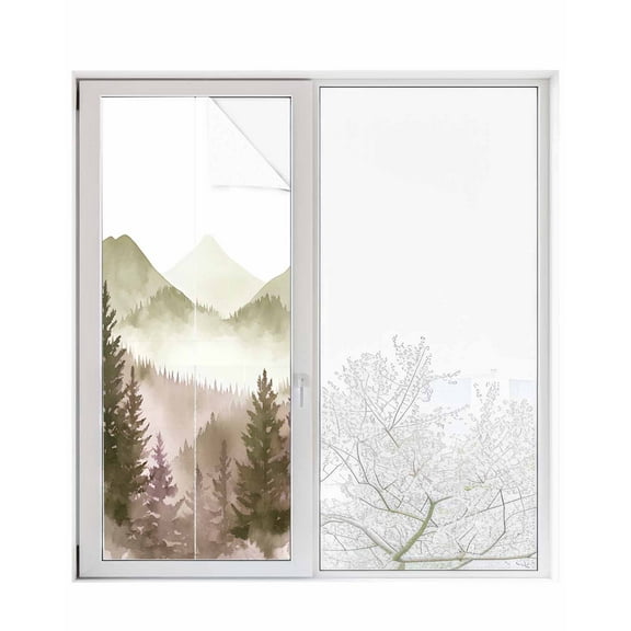 Window Privacy Film Mountains Forest Stained Glass Window Film Decorative Sun Block Window Cover Watercolor Rustic Nature Landscape Window Clings Static Adhesive Sticker for Bathroom 23.6"x59"