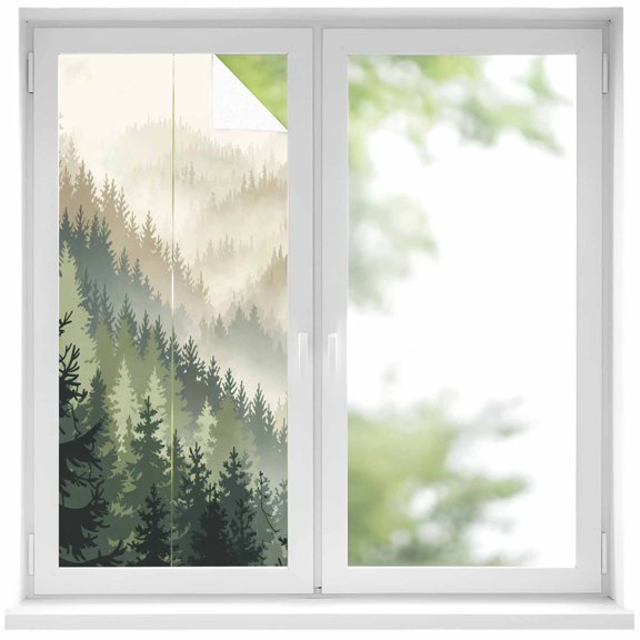Window Privacy Film Mountains Stained Glass Window Film Decorative Sun Block Window Cover Watercolor Forest Nature Pine Trees Landscape Window Clings Static Adhesive Sticker for Bathroom 19.6"x39.3"