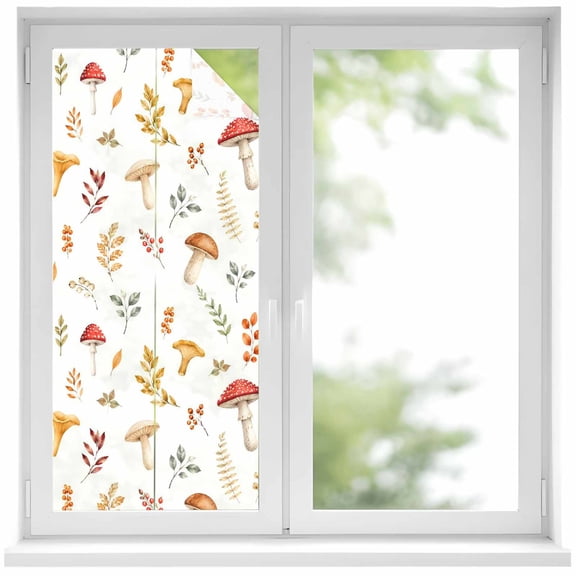 Window Privacy Film Mushroom Leaves Stained Glass Window Film Decorative Sun Block Window Cover Farmhouse Botanical Leaf Herbs Window Clings Static Adhesive Sticker for Bathroom 19.6"x39.3"