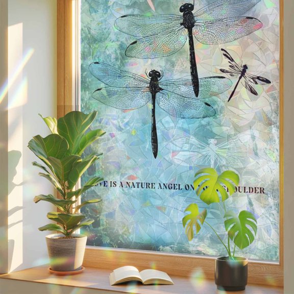Window Privacy Film Natural Dragonfly Insects Stained Glass Static Cling 18x39inch, Abstract Color Gradient Art Rainbow Window Film Glass Sticker for Bathroom Bedroom Home