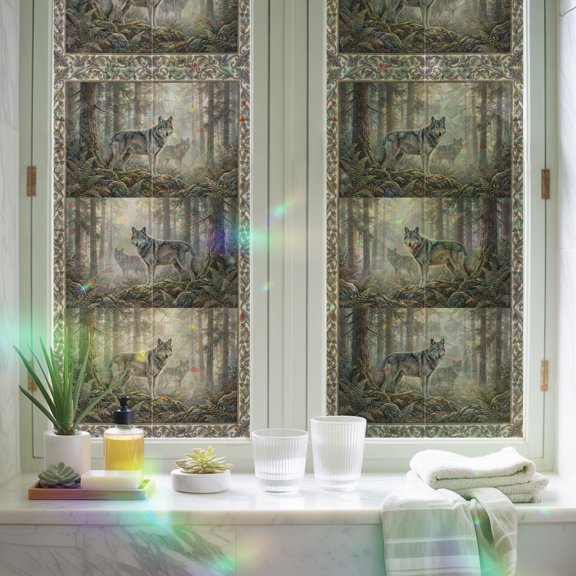 Window Privacy Film,Natural Wild Wolf Forest Scenery Static Clings Decorative Rainbow Window Films Stickers Botanical Tree Plant Sun Blocking Glass Cover for Home Bathroom Office,17.7"x39.3"