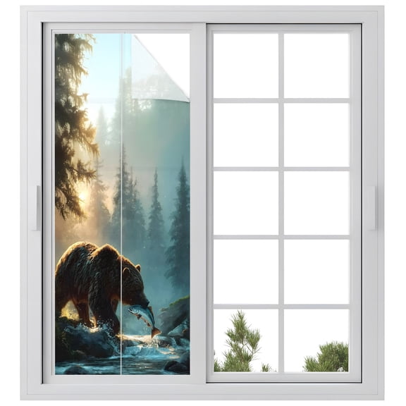 Window Privacy Film Nature Forest Bears Stained Glass Window Film Decorative Sun Block Window Cover Country Mountain Wildlife Animals Window Clings Static Adhesive Sticker for Bathroom 23.6"x59"