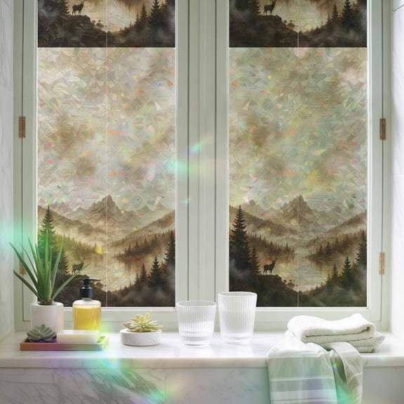 Window Privacy Film,Nature Mountain Pine Forest Static Clings Decorative Rainbow Window Films Stickers Misty Landscape Deer River Sun Blocking Glass Cover for Home Bathroom Office,17.7"x39.3"