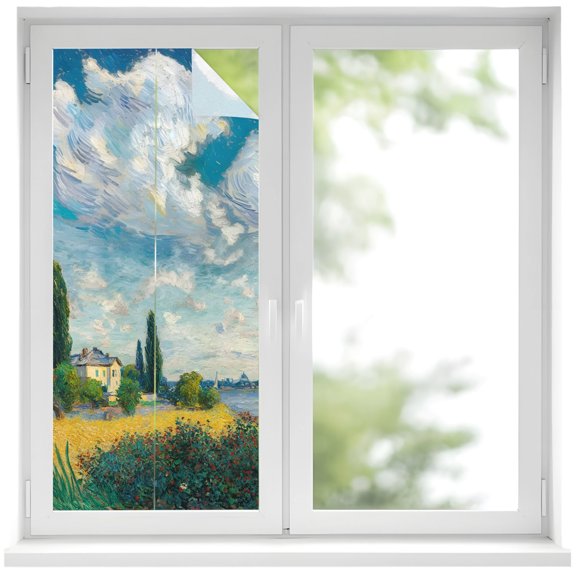 Window Privacy Film Nature Scenery Stained Glass Window Film Decorative Sun Block Window Cover Farmhouse Country House Trees River Sky Window Clings Static Adhesive Sticker for Bathroom 19.6"x39.3"