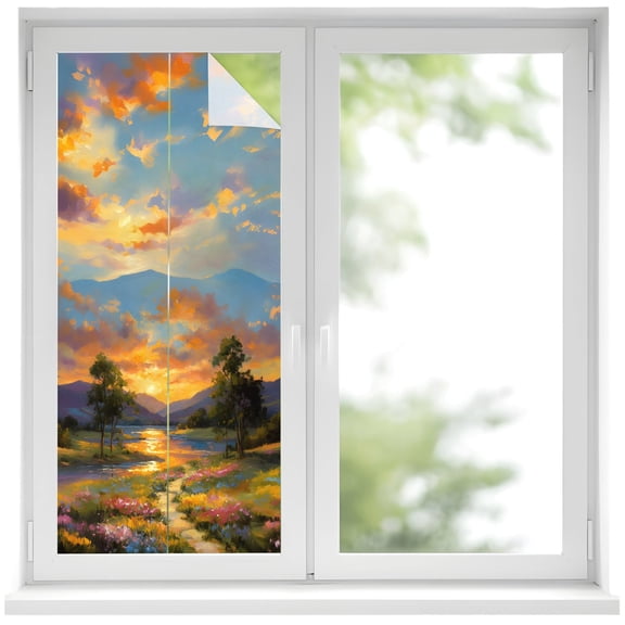 Window Privacy Film Nature Scenery Stained Glass Window Film Decorative Sun Block Window Cover Farmhouse Sunset Mountain Wildflowers Window Clings Static Adhesive Sticker for Bathroom 19.6"x39.3"