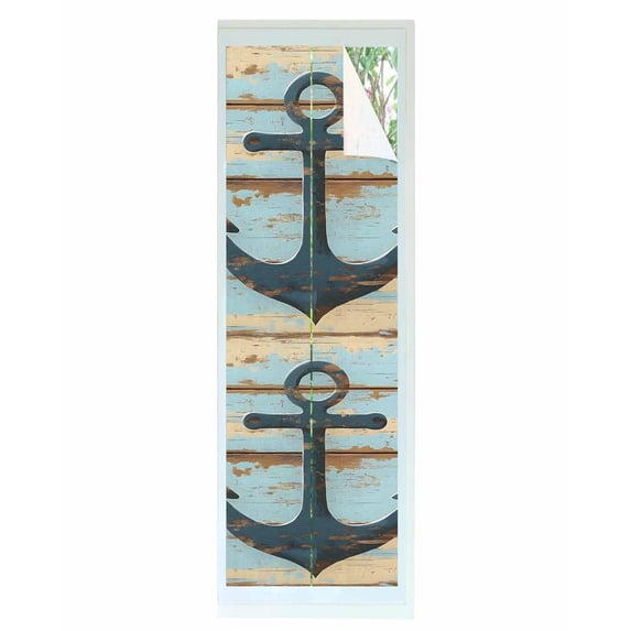 Window Privacy Film Nautical Anchor Stained Glass Window Film Decorative Sun Block Window Cover Vintage Blue Brown Wooden Coastal Window Clings Static Adhesive Sticker for Bathroom 23.6"x78.7"