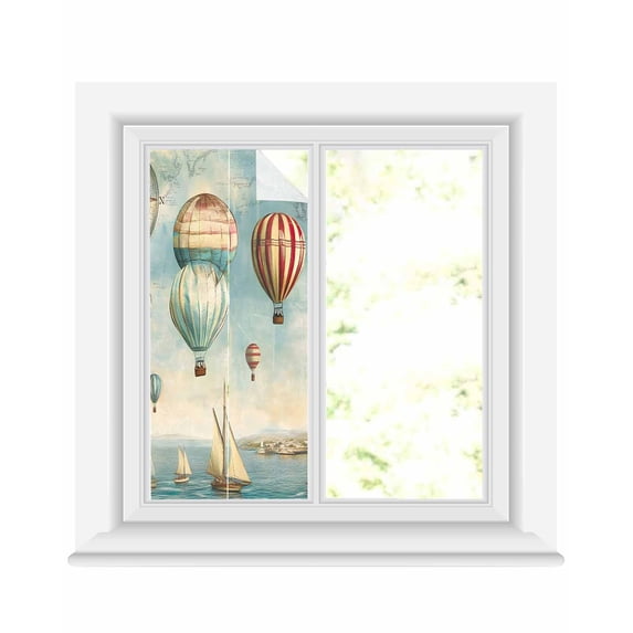 Window Privacy Film Nautical Boats Blue Stained Glass Window Film Decorative Sun Block Window Cover Coastal Ocean Vintage Hot Balloons Window Clings Static Adhesive Sticker for Bathroom 17.7"x39.3"