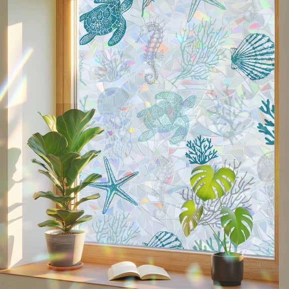 Window Privacy Film Nautical Coral Teal Sea Turtle Stained Glass Static Cling 18x39inch, Summer Ocean Beach Shell Rainbow Window Film Glass Sticker for Bathroom Bedroom Home