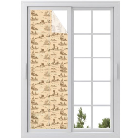 Window Privacy Film Nautical Ship Stained Glass Window Film Decorative Window Cover Farmhouse Retro Ocean Coastal Lighthouse Map Window Clings Static Adhesive Sticker for Bathroom 29.5"x118"