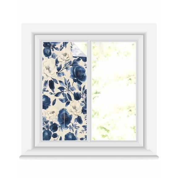 Window Privacy Film Navy Blue Beige Peony Stained Glass Window Film Decorative Sun Block Window Cover Vintage Floral Blossom Botanical Window Clings Static Adhesive Sticker for Bathroom 17.7"x39.3"