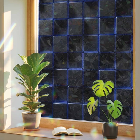 Window Privacy Film Navy Blue Black Cubes Stained Glass Window Film Modern Artificial Rainbow Static Window Clings for Glass Windows Home Bathroom Living Room Office Glass Door Sticker 17.7"39.3"