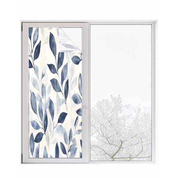 Window Privacy Film Navy Blue Botanical Stained Glass Window Film Decorative Sun Block Window Cover Pastoral Spring Leaves Watercolor Window Clings Static Adhesive Sticker for Bathroom 23.6"x59"