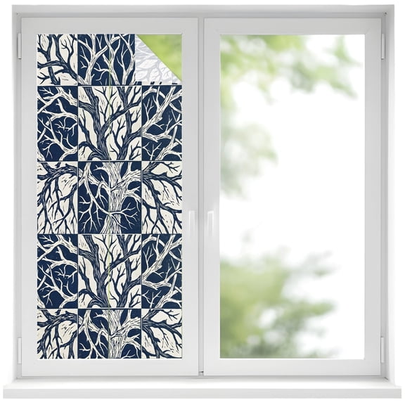 Window Privacy Film Navy Blue Branches Stained Glass Window Film Decorative Sun Block Window Cover Minimalist Farmhouse Art Window Clings Static Adhesive Sticker for Bathroom 19.6"x39.3"