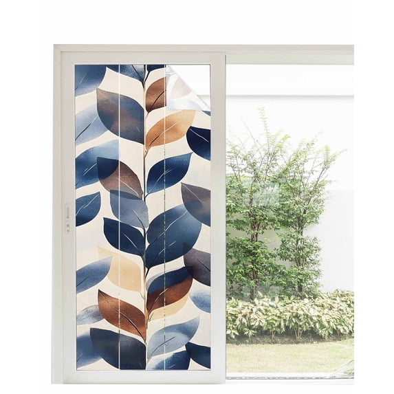 Window Privacy Film Navy Blue Burnt Orange Botanical Stained Glass Window Film Decorative Sun Block Window Cover Wildflower Palm Leaf Window Clings Static Adhesive Sticker for Bathroom 35.4"x78.7"