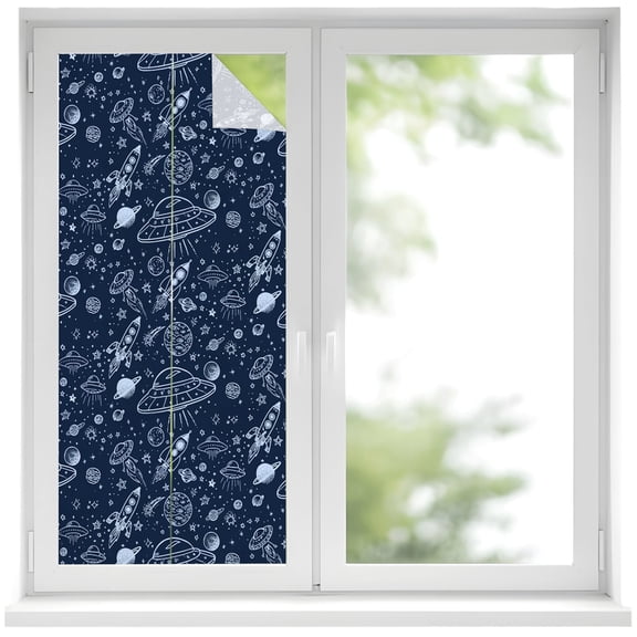 Window Privacy Film Navy Blue Cartoon Space Stained Glass Window Film Decorative Sun Block Window Cover Star Spacecraft Rocket Meteorite Window Clings Static Adhesive Sticker for Bathroom 19.6"x39.3"