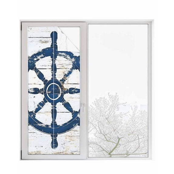 Window Privacy Film Navy Blue Coastal Stained Glass Window Film Decorative Sun Block Window Cover Vintage Nautical Summer Rudder Window Clings Static Adhesive Sticker for Bathroom 29.5"x78.7"