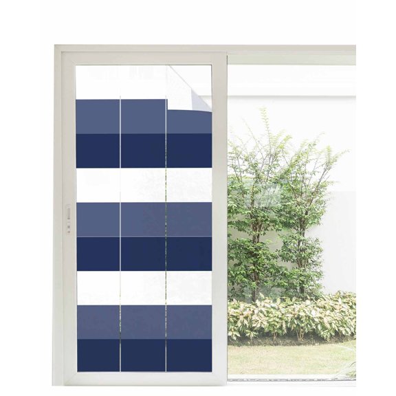 Window Privacy Film, Navy Blue Farmhouse Striped Sun Blocking Window Tint Film Heat Control One Way Blackout Window Film, Modern Geometric Lines Simple Stripes Non Adhesive Static Cling 35.4x78.7 In