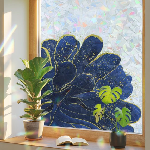 Window Privacy Film Navy Blue Flower Gold Edge Stained Glass Static Cling 18x39inch, Abstract Floral Rainbow Window Film Glass Sticker for Bathroom Bedroom Home