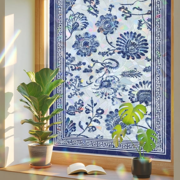 Window Privacy Film Navy Blue Flowers Vines Stained Glass Window Film Elegant Floral Geometric Frame Static Window Clings for Glass Windows Home Bathroom Living Room Office Door Sticker 17.7"39.3"