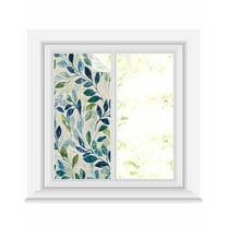Window Privacy Film Navy Blue Leaves Stained Glass Window Film Decorative Sun Block Window Cover Green Summer Botanical Rustic Window Clings Static Adhesive Sticker for Bathroom 17.7"x39.3"