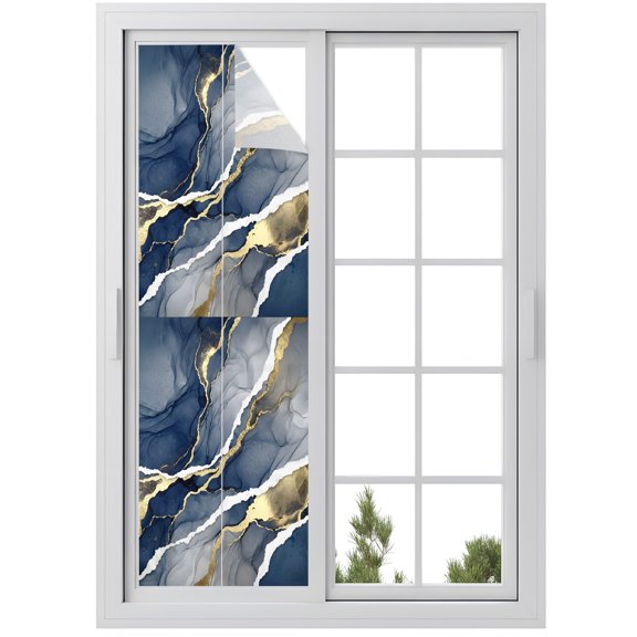 Window Privacy Film Navy Blue Marble Stained Glass Window Film Decorative Sun Block Window Cover Abstract Ink Contemporary Artistic Window Clings Static Adhesive Sticker for Bathroom 29.5"x118"