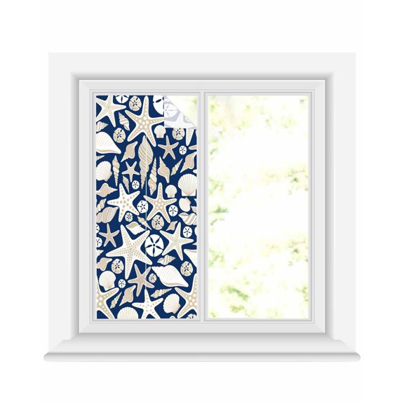 Window Privacy Film Navy Blue Ocean Stained Glass Window Film Decorative Sun Block Window Cover Coastal Starfish Shell Conch Shell Window Clings Static Adhesive Sticker for Bathroom 19.6"x39.3"