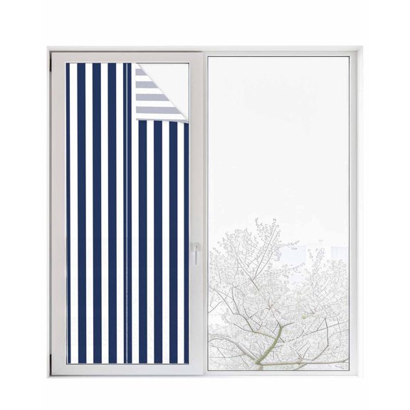 Window Privacy Film, Navy Blue Stripes UV Sun Blocking Window Tint Film Heat Control One Way Blackout Window Film, Farmhouse White Simple Vertical Striped Non Adhesive Static Cling Sticker 23.6x59 In