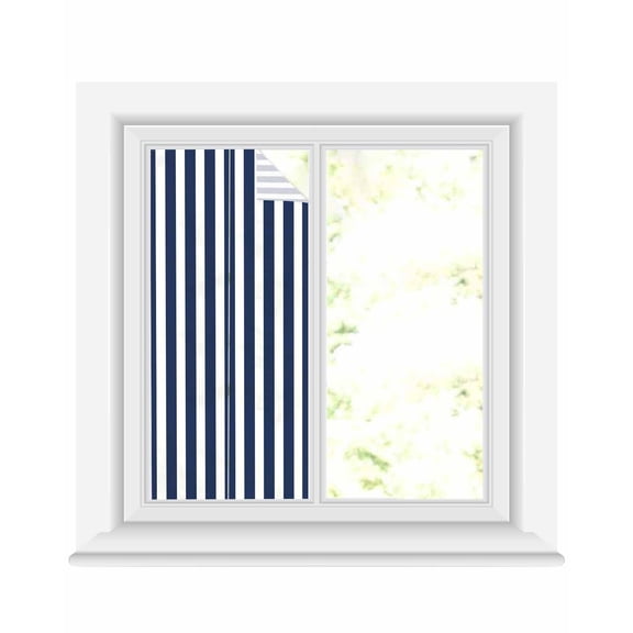 Window Privacy Film, Navy Blue Stripes UV Sun Blocking Window Tint Film Heat Control One Way Blackout Window Film, Farmhouse White Simple Vertical Striped Non Adhesive Static Cling 17.7x39.3 In