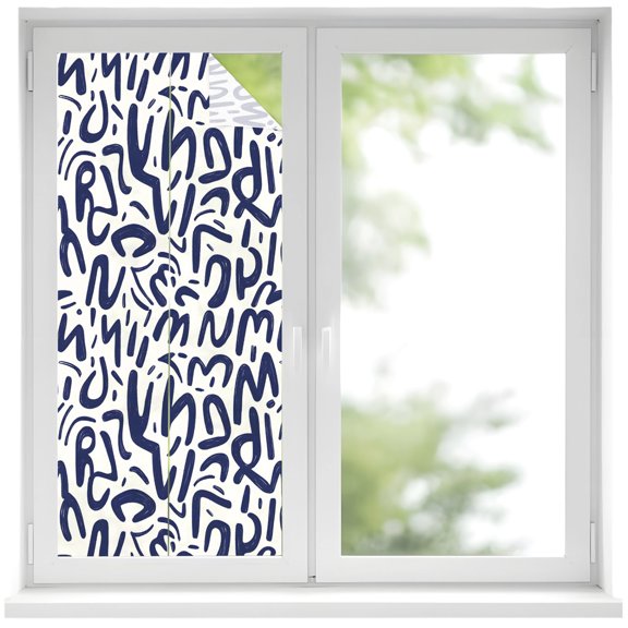 Window Privacy Film Navy Blue Textured Scribbles Stained Glass Window Film Decorative Sun Block Window Cover Vintage Abstract Art Linens Window Clings Static Adhesive Sticker for Bathroom 17.7"x39.3"
