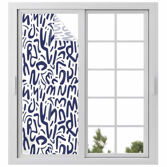 Window Privacy Film Navy Blue Textured Scribbles Stained Glass Window Film Decorative Sun Block Window Cover Vintage Abstract Art Linens Window Clings Static Adhesive Sticker for Bathroom 23.6"x59"