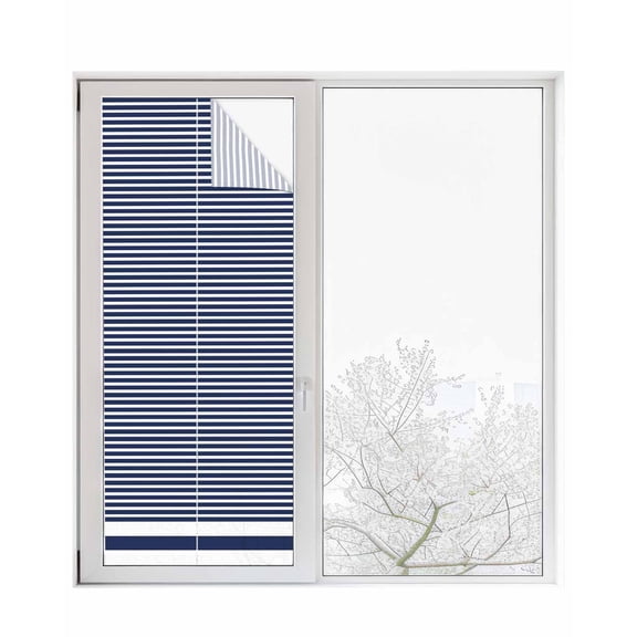 Window Privacy Film, Navy Blue White Striped Sun Blocking Window Tint Film Heat Control One Way Blackout Window Film, Farmhouse Geometric Horizontal Lines Stripes Non Adhesive Static Cling 29.5x78.7